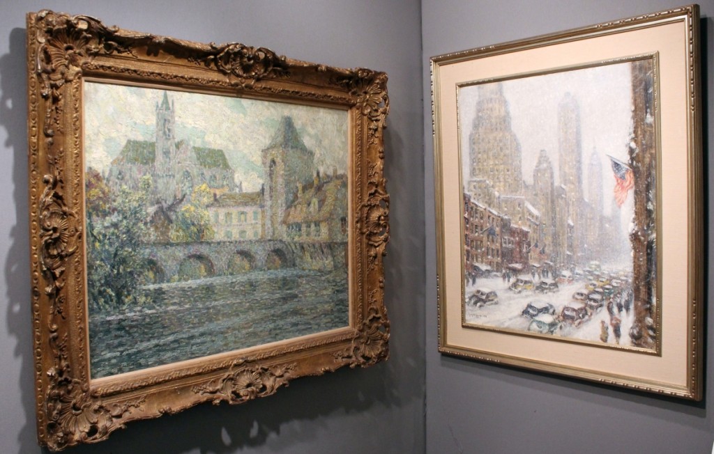 Left, “L’Eglise et le Pont” (Moret sur Loing), 1916, by Henri Le Sidaner (1862-1939), oil on canvas, 25 by 32½ inches; and “57th Street” by Guy Carleton Wiggins (American, 1883-1962), oil on canvas, 30 by 25 inches. Schillay Fine Art, New York City