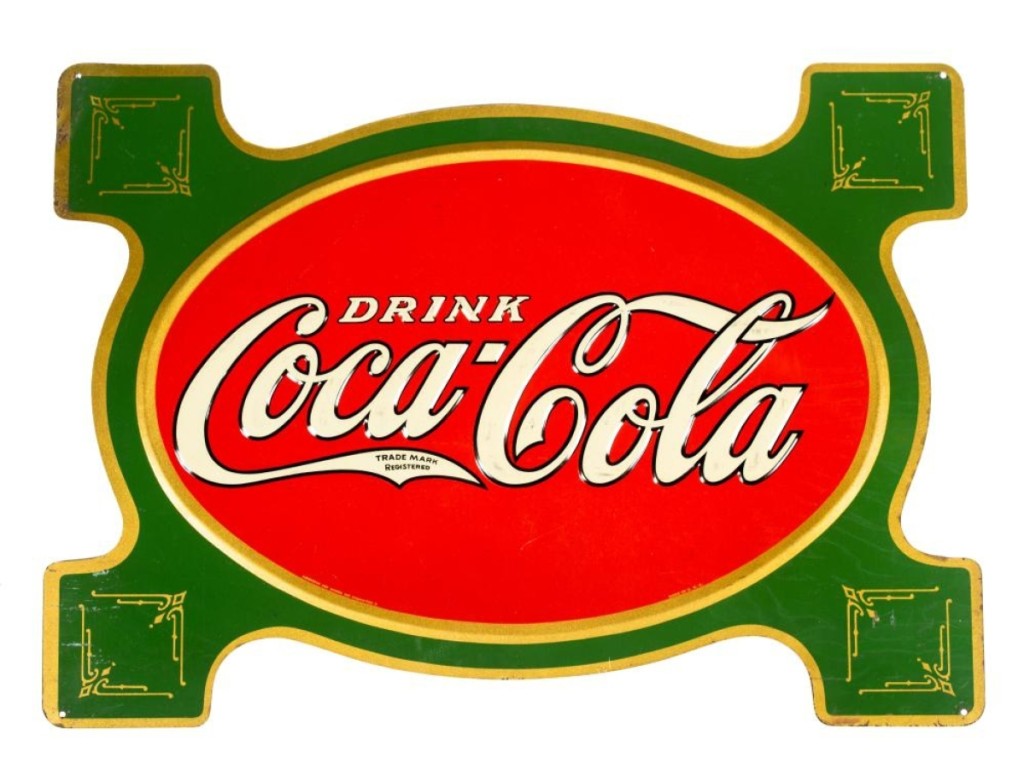 A selection of unused Coca-Cola enameled tin advertising signs came from the estate of a collector who had purchased them in the 1960s from a Coke delivery driver, so they were in very good condition. This “turtle” form sign, more than 20 inches wide, brought $2,880.