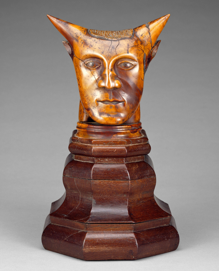 :“Head With Horns,” circa 1894, sandalwood with traces of polychromy on a lacewood base. Courtesy the J. Paul Getty Museum.