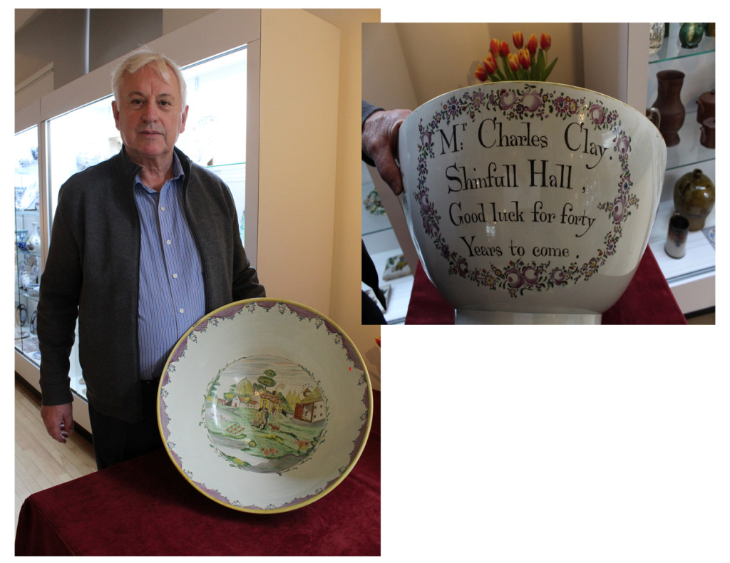 Martyn Edgell with large Staffordshire bowl, a clear showstopper, which was purchased by Chipstone. A presentation piece, it measures 19 inches across, dated circa 1800 and is illustrated inside with a farm scene. “The show gets better year by year and having it in those rooms is so much better than the hall before,” said Edgell. “I sold my mocha ware particularly well and sold antislavery ceramics to three separate museums in the United States, roll on 2021.”