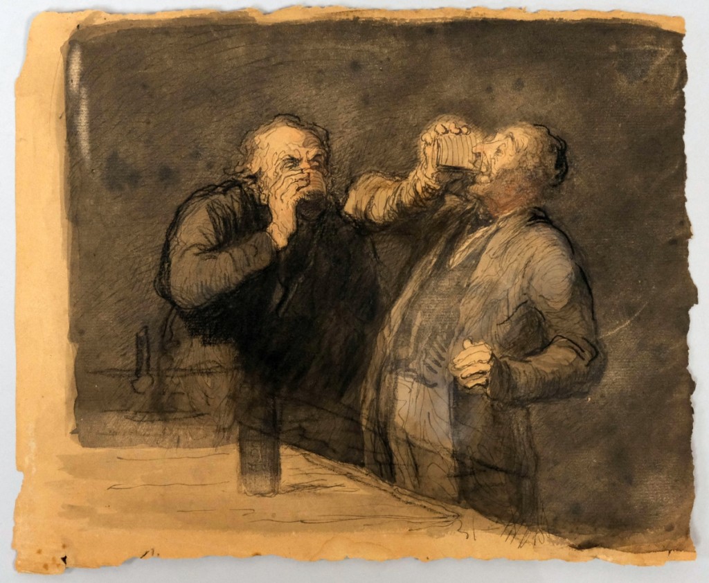 Honoré Daumier’s (1808-1879) “Les Buveurs,” a wash, pen and ink, watercolor and conte crayon depiction of two gentlemen drinking, deserves a toast. The 8-by-9½-inch watercolor created between 1860 and 1864 sold for $156,250, the top lot of the sale.