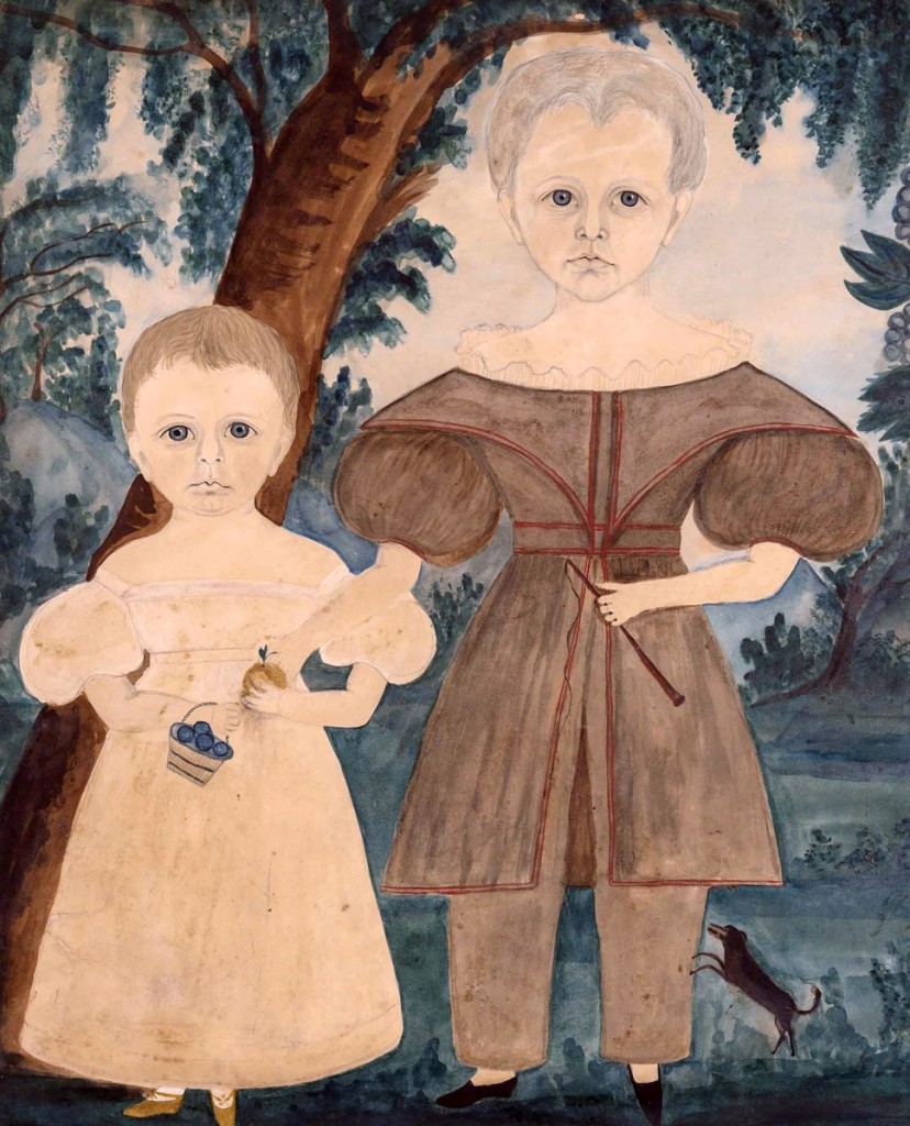 Selling at $100,000, earning the badge for top lot in the auction, was this circa 1831 portrait of two children of the Prescott family of Portsmouth, N.H., painted by Ruth Whittier Shute and Samuel Addison Shute. It was bought by Steven and Leon Weiss of Gemini Antiques, who were purchasing on behalf of a client. Leon said they had handled the work twice before and called it “an iconic image of American folk art.”
