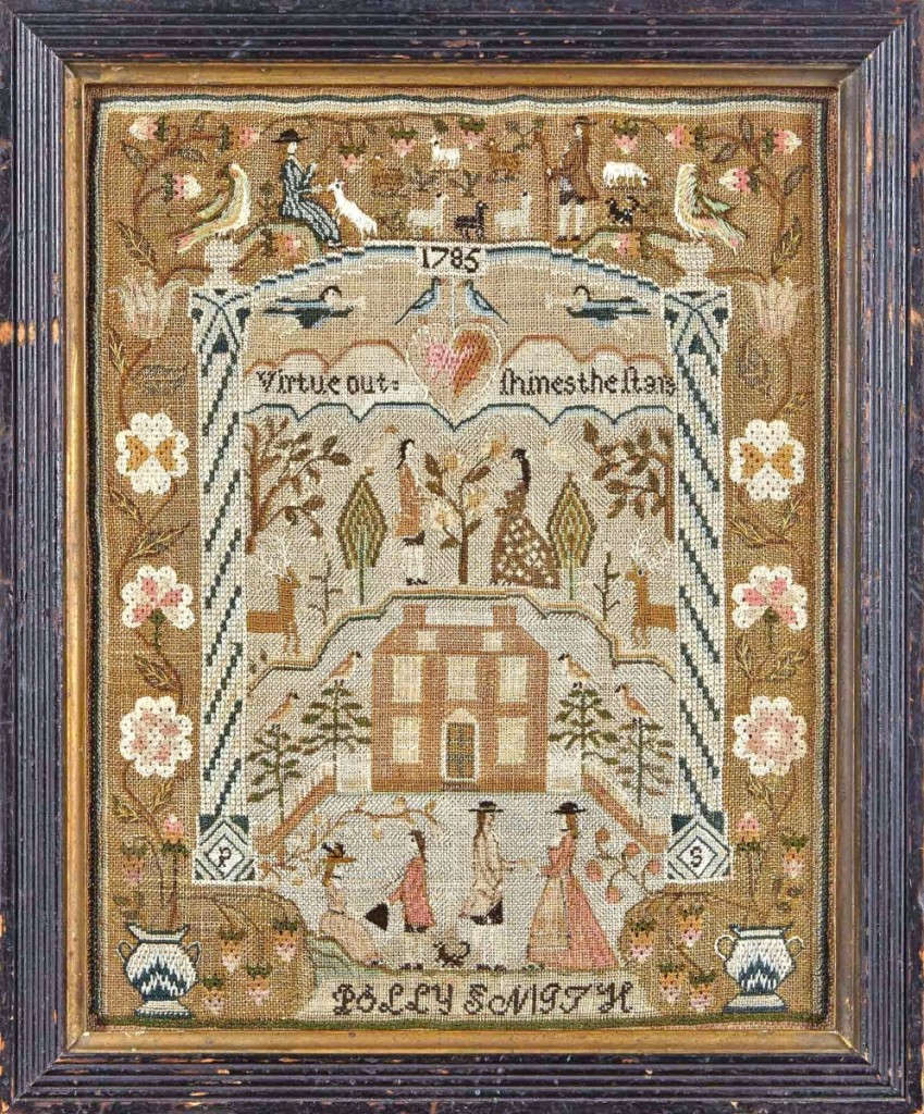 The gallery livened up when this silk-on-linen needlework sampler came across the block, with four gallery bidders pursuing it out of the gate. The graphic piece was worked in 1785 by Polly Smith of Mary Balch’s School, Providence, R.I. It brought $59,375 to Amy Finkel.