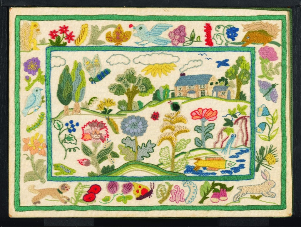 “Country Life” designed by Erica Wilson, wool on linen; ribbon.   Gift of the family of Erica Wilson, accession #2015.0047.016 a,b. Courtesy of Winterthur.