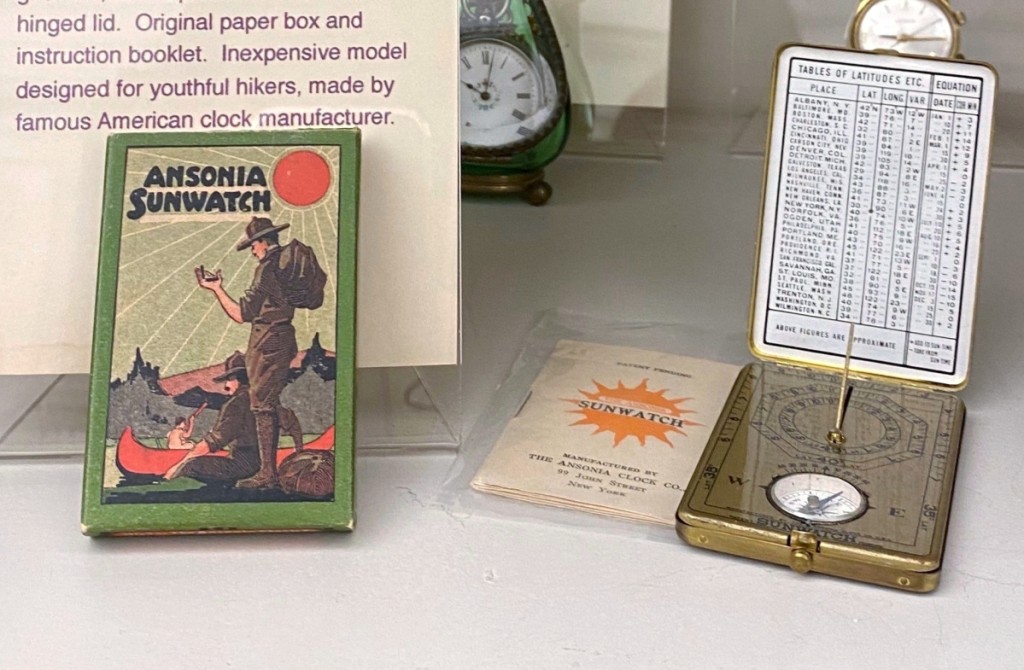 A circa 1920 Sunwatch from the Ansonia Clock Company in Brooklyn, N.Y.,   displayed here with its original box and booklet, was designed for hikers and outdoorsmen.