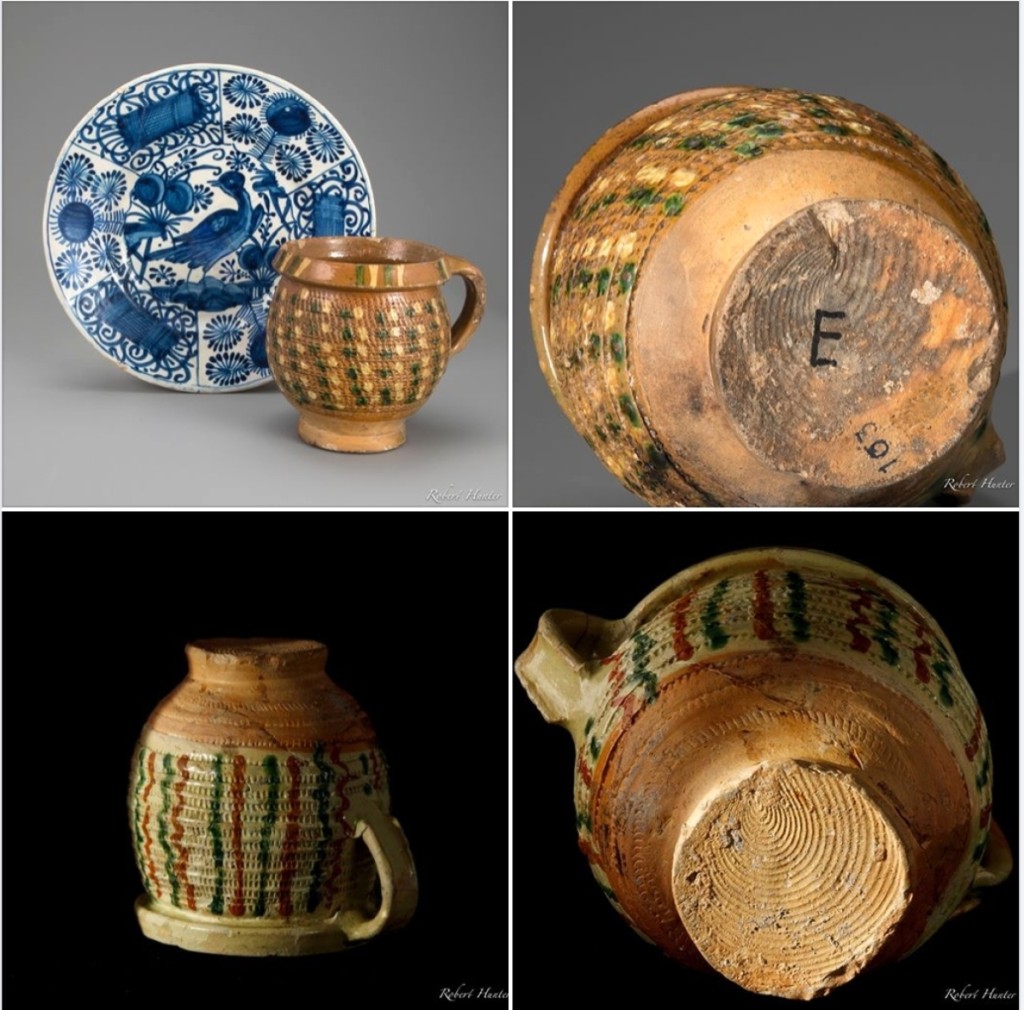 Ceramics scholar and dealer Rob Hunter showcased some of the treasures he picked up at the show on his Facebook page, including the rare 1630s-40s Portuguese small dish, upper left, and rare Weser ware handled jar with rouletted slip decoration. “The Ceramics Fair was fantastic! I could have spent days going through all the materials,” he said.