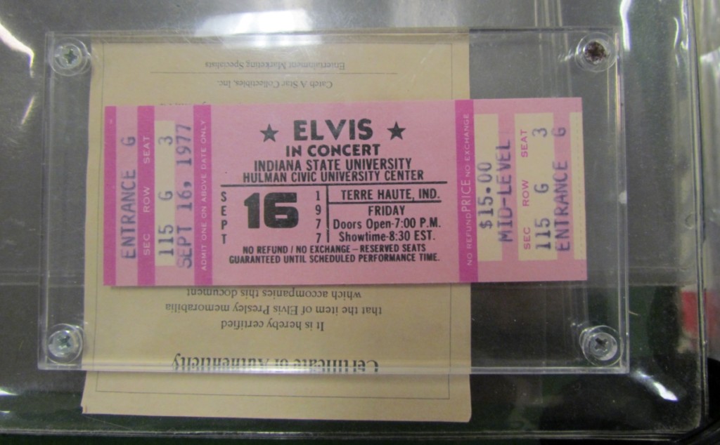 The poigancy revealed in these concert tickets for a September 16, 1977, Elvis concert lies in the musician’s death exactly one month before — August 16, 1977.