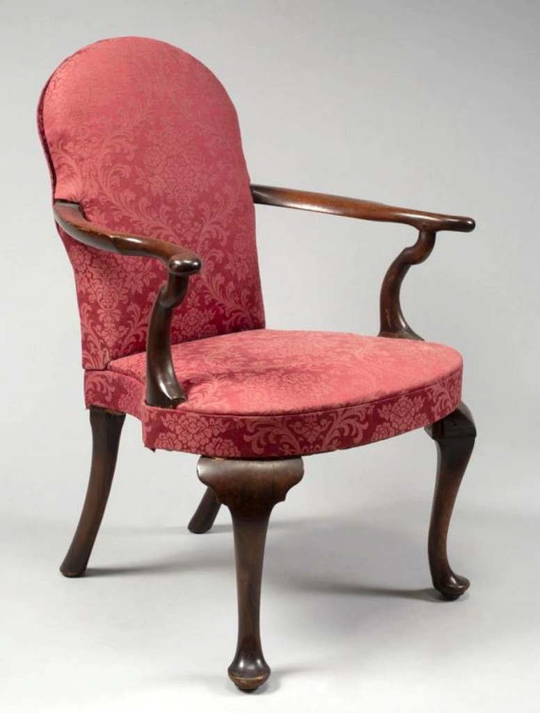 The top lot of the sale was this Queen Anne low back upholstered open armchair that Keno said was likely from New York. It brought above estimate at $87,500. The mahogany chair relates most closely to a pair at the Metropolitan Museum of Art, and another is housed at Winterthur. Keno called it one of the most important mid-Eighteenth Century New York chairs known.