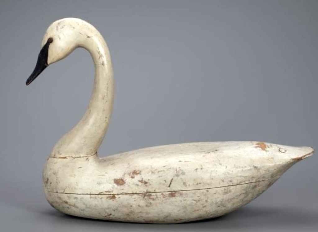 Swan by Charles Birch (1867-1956), Willis Wharf, Va., circa 1920, sold for $210,000 ($150/250,000), a record for the maker and the top lot of the day. Dr Muller acquired this one, previously in the collection of William J. Mackey, Jr, and only one of a handful of working swan decoys in original paint by the maker, in 1974 at Richard A. Bourne.