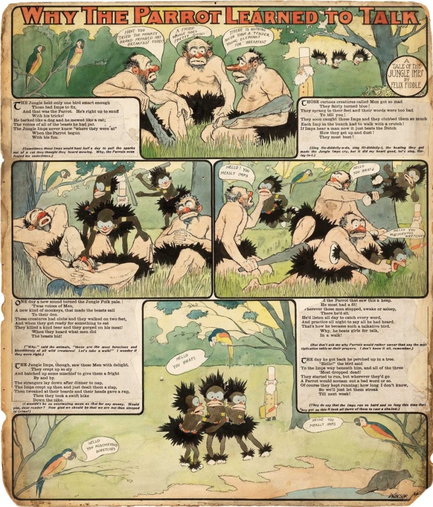 Winsor McCay, original Jungle Imps art for 1903 Sunday comic strip, “Why the Parrot Learned to Talk,” 19¾ by 23-  inches, mounted on illustration board, went out at $49,973.