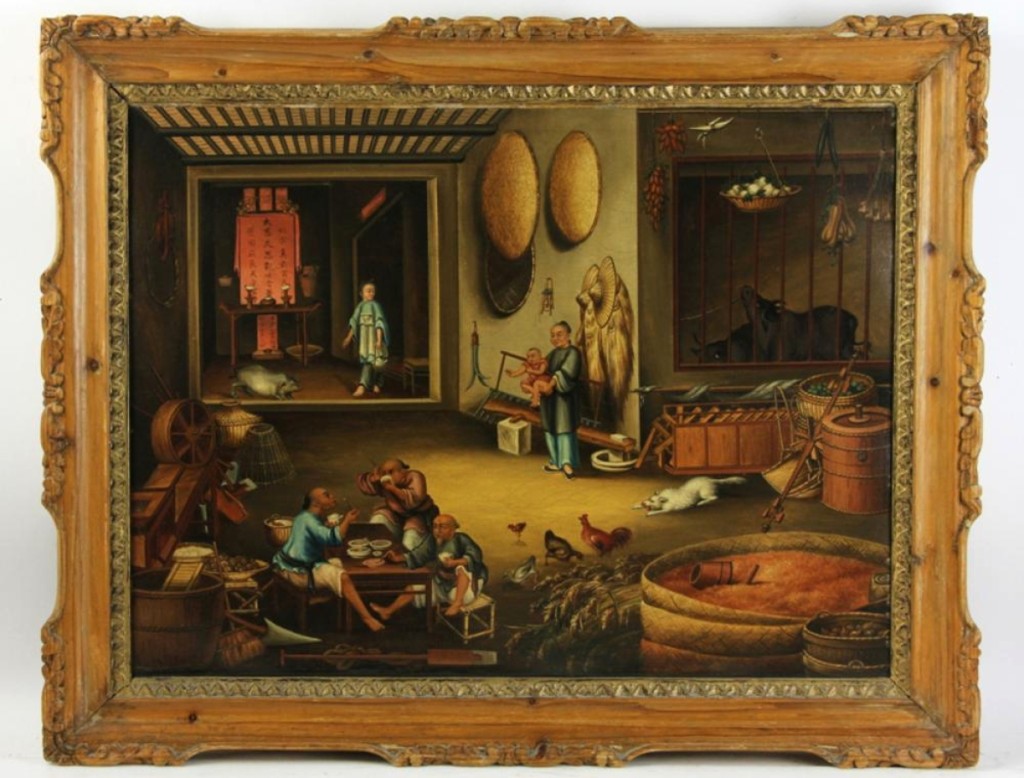 A Nineteenth Century China Trade painting, “Kitchen of a Mandarin’s Palace,” was the highest priced item in the two-day sale, finishing at $31,200. It depicted a number of people in a large kitchen, some eating and some working, and had a solid provenance.