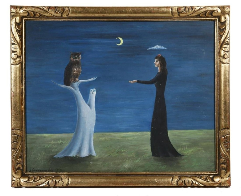 Creating a lot of presale interest and achieving the second highest price of the sale was a painting by Gertrude Abercrombie. It was probably a self-portrait, titled “Woman Supplicates Owl in Shattered Tree,” and it attained $58,500.