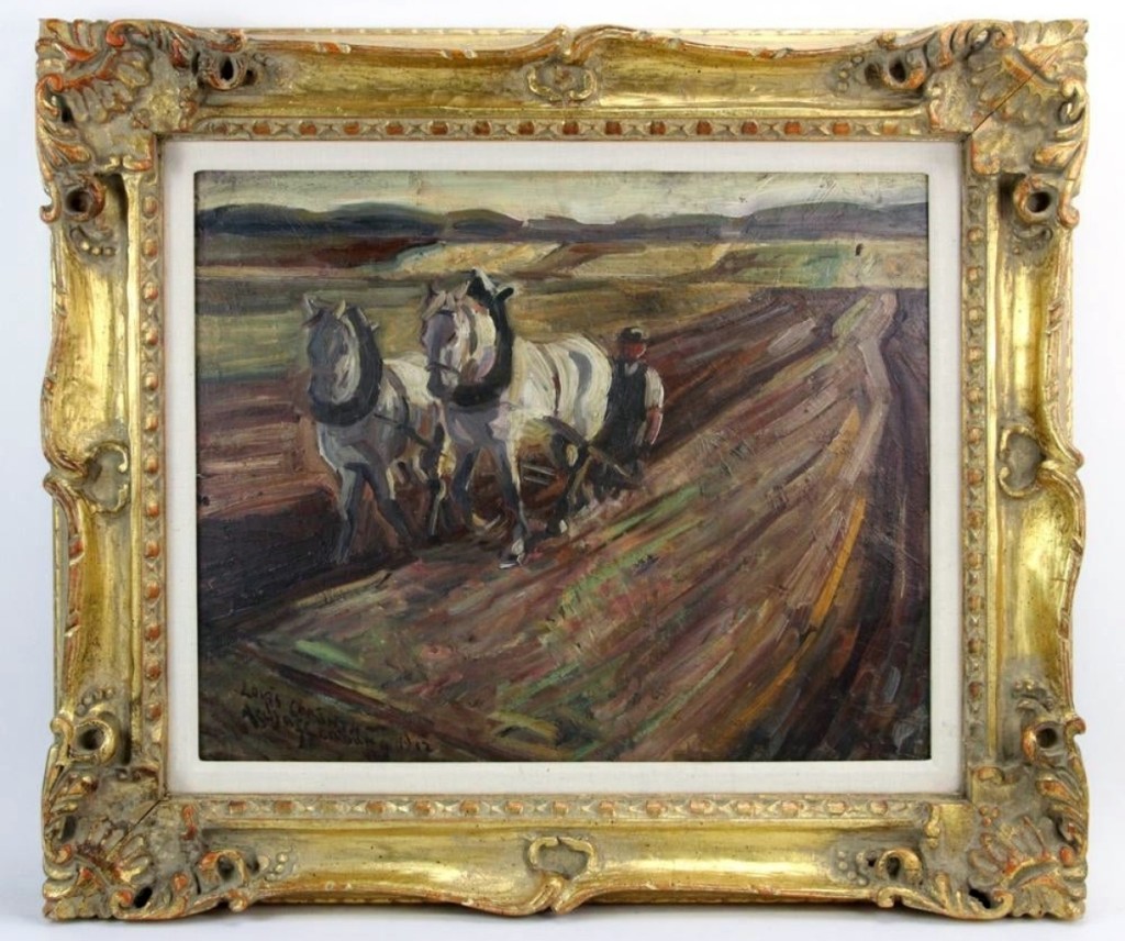 Leading the second day was a painting by German artist Lovis Corinth. Selling for $21,600, the painting was a scene of two white horses plowing a field, guided by a farmer.