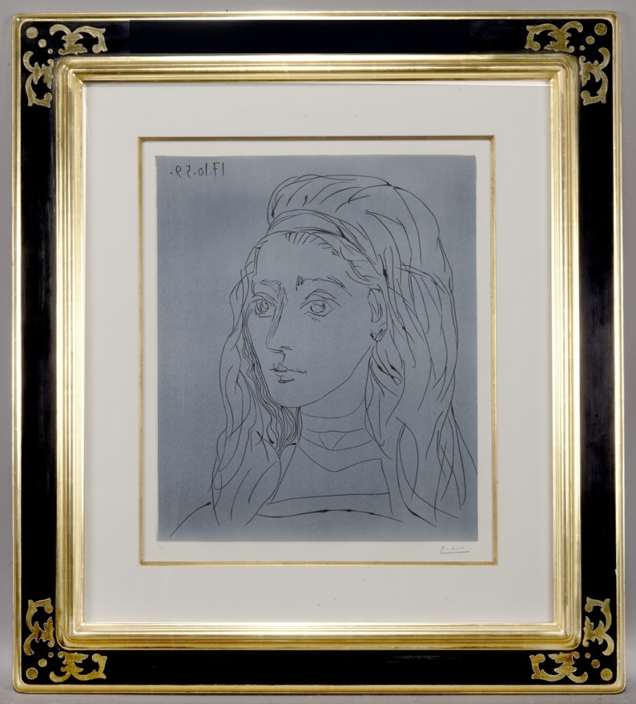 “Jacqueline” by Pablo Picasso (Spanish, 1881-1973), 1959, 25 by 20½ inches, signed lower right “Picasso” and numbered lower left, “43/50” sold at $125,000.