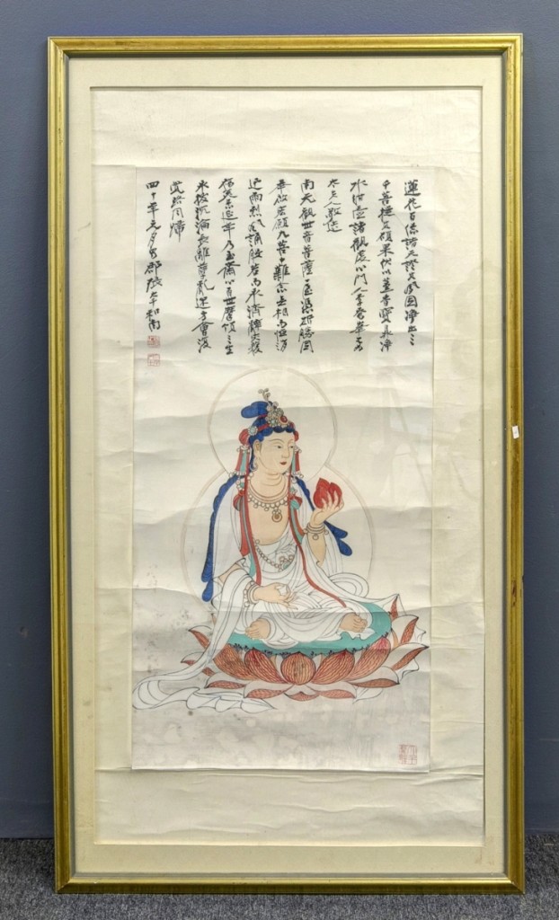 Bringing $5,313, the third highest price in the sale, was this Chinese watercolor depicting Quan Yin with a poem ($200/300).