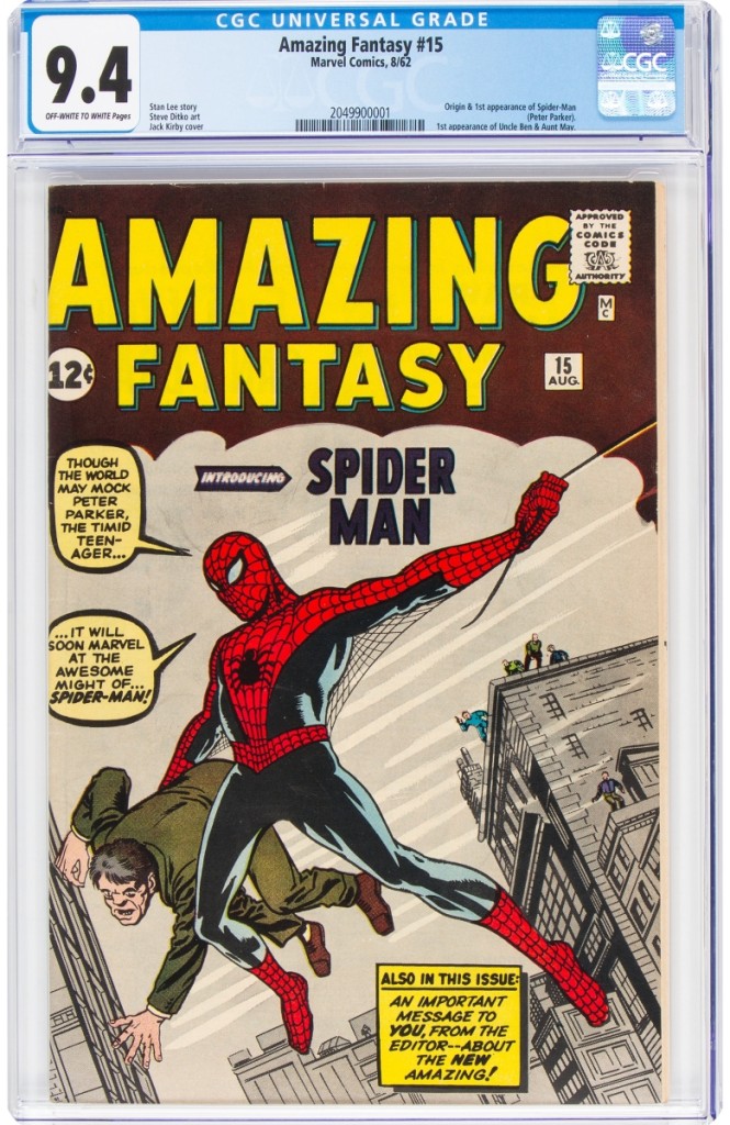 Spider-Man made his first appearance in Amazing Fantasy #15 (Marvel, 1962), CGC NM 9.4, and it soared to $795,000.