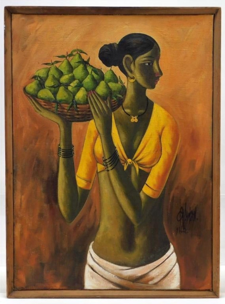 Oil on canvas by B. Prabha (1933-2001), titled “Woman with a Pear Basket”, of an Indian woman with her hair tied back and long limbs supporting a basket of fruit realized $11,875.