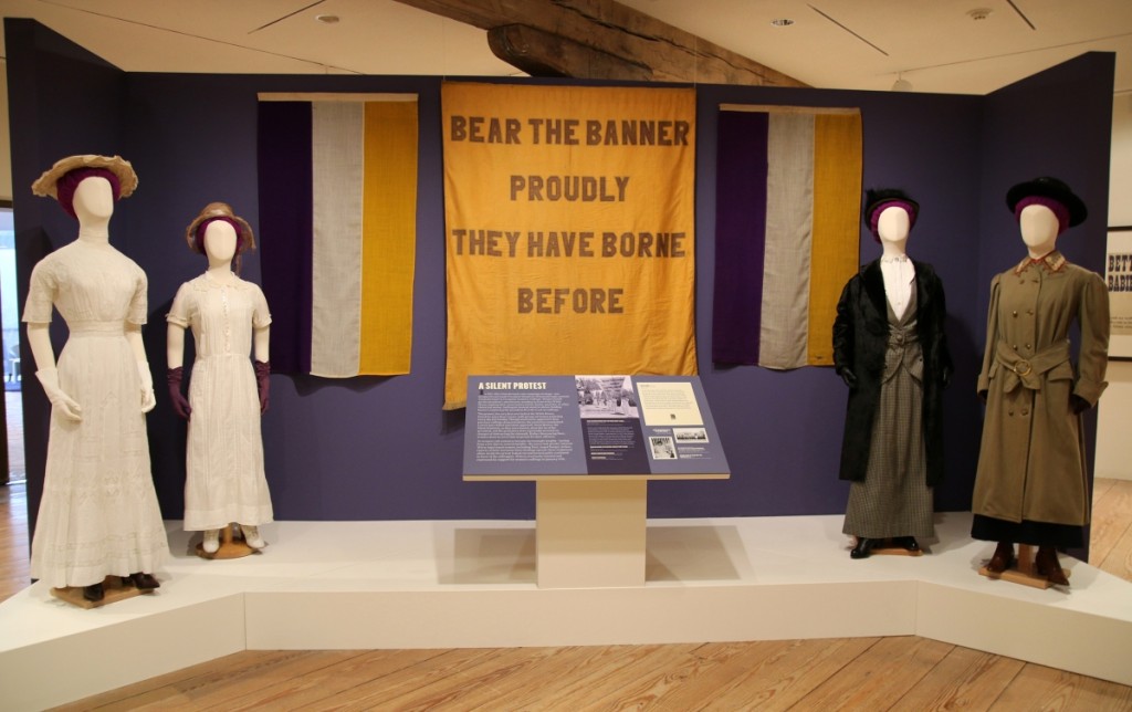 Exhibition vignette with the “Bear the Banner Proudly They Have Borne Before” banner, circa 1913-1920. National Woman’s Party. Belmont-Paul Women’s Equality National Monument, Washington, DC.