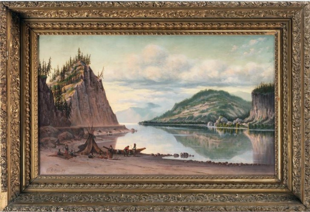 The sale’s top lot was found at $59,375 for Grafton Tyler Brown’s 1887 “Mitchell’s Point, Looking Down the Columbia,” oil on canvas, 18 by 30 inches. Brown’s painting features a group of possibly Wisham Indians on the shore of the Columbia River. On the left is Mitchell’s Point, and cut around the base of the ridge is likely a railroad bed for the Oregon Railway & Navigation Company.
