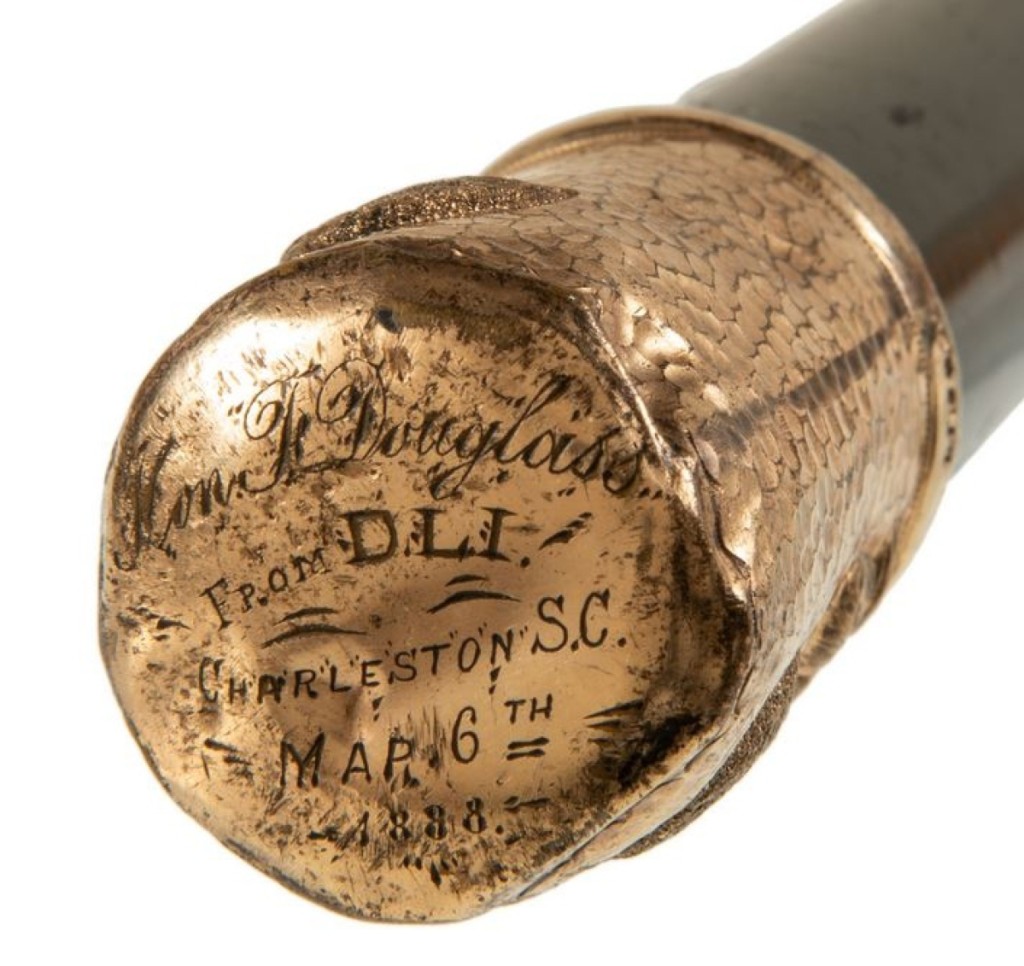 Taking the third highest result of the sale was this walking stick presented to abolitionist Frederick Douglass in 1888. Following a speech he gave at Mount Zion Church, an African American militia unit calling themselves the Douglass Light Infantry presented it to Douglass after they serenaded him at their armory. The walking stick with gold filled top brought $37,500 over a $5,000 estimate and sold to an as-yet unnamed institution.