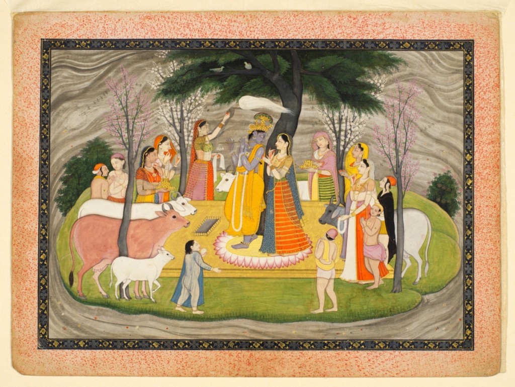 “Krishna courting Radha with his skillful fluting,” Guler, Pahari Hills, India, circa 1780, opaque watercolor with gold on paper, 9¼ by 12-  inches, Courtesy Oliver Forge & Brendan Lynch, Ltd., London.