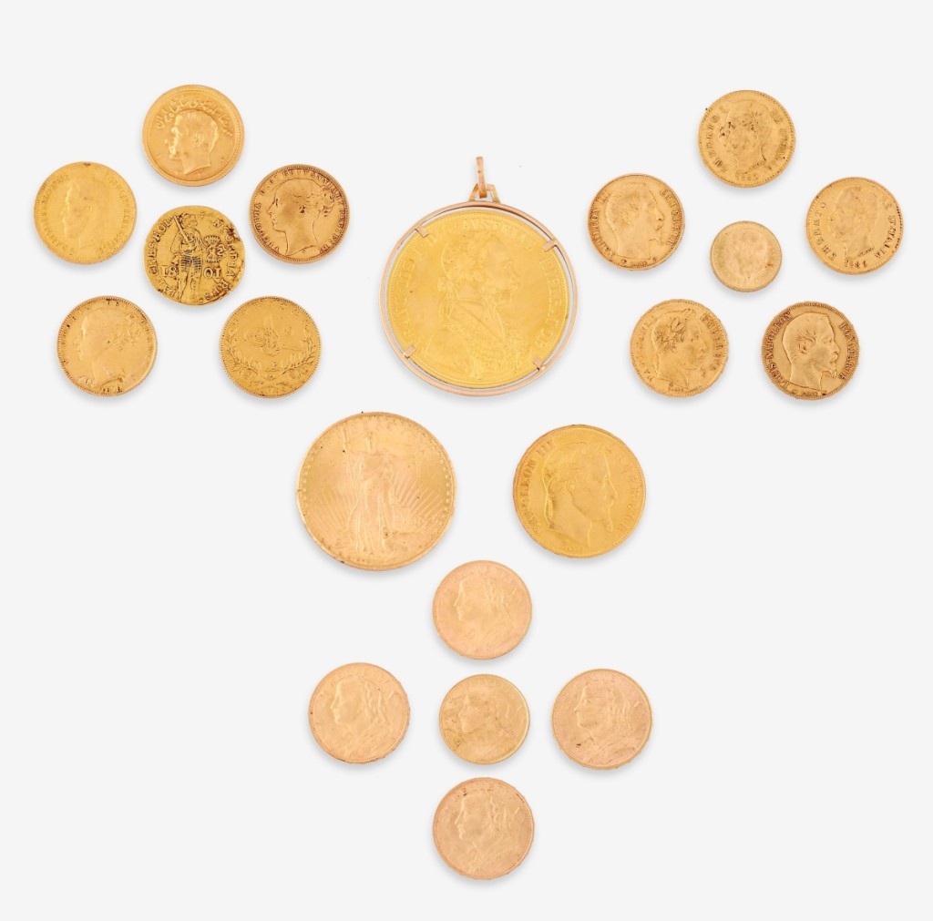 The top lot in the sale was this collection of 18K gold coins, which sold for $7,500 ($3/5,000).