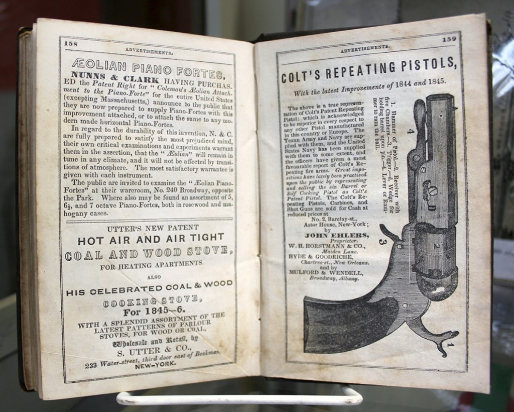 John Doggett Jr’s directory, The Great Metropolis; or Guide to New-York for 1846 contained this full-page ad for “Colt’s Repeating Pistols.” Available at Trevian Books, Piermont, N.Y.