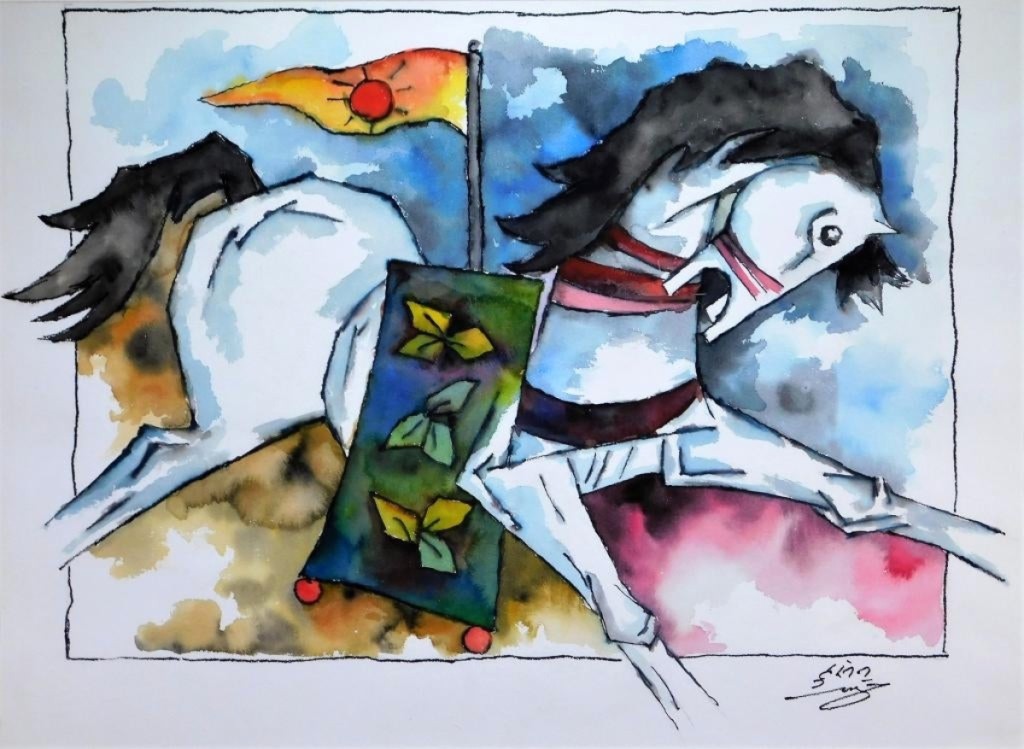 Watercolor painting by Maqbool Hussain (Indian, 1915-2011), titled “Raging Horse,” of a leaping white horse with open mouth draped with a green saddle blanket, sold for $16,250.