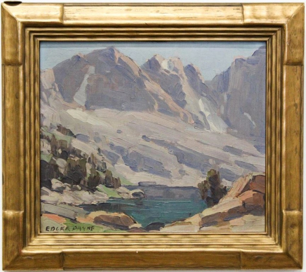 Merrill’s top lot was found in this oil on board painting by Edgar Alwin Payne (American, 1883-1947), which brought $6,000. The work features a Sierra Nevada mountain landscape painting and measures 10 by 12 inches.