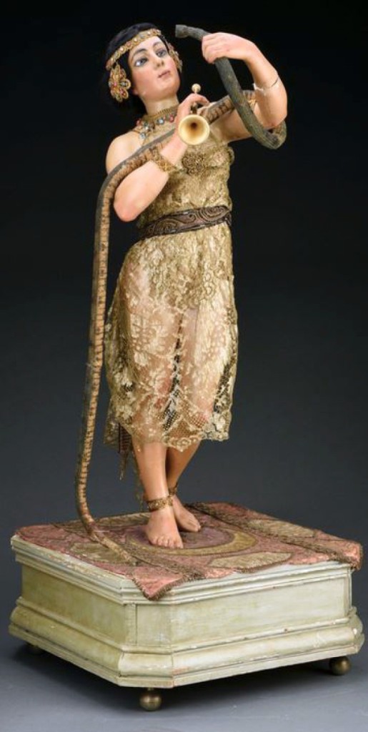 The top automaton in the sale was this “Charmeuse De Serpent” (The Snake Charmer), made by Jean Roullet, that sold for $55,350. It measures 36 inches high and was in exceptional working condition.