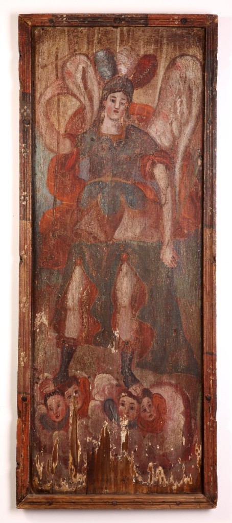 A retablo of Archangel San Rafael, circa 1785-1800, School of Miera y Pacheco, was the star, outperforming its high estimate to realize $60,000. At 51- by 21- inches, this is one of the largest retablos to come from the School of Miera y Pacheco.