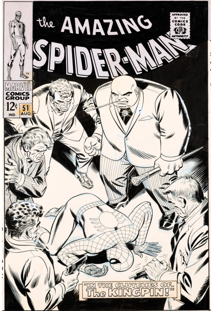 John Romita Sr’s Amazing Spider-Man #51 cover “Kingpin” original art (Marvel, 1967) prompted offers from two dozen collectors before it sold for $312,000.