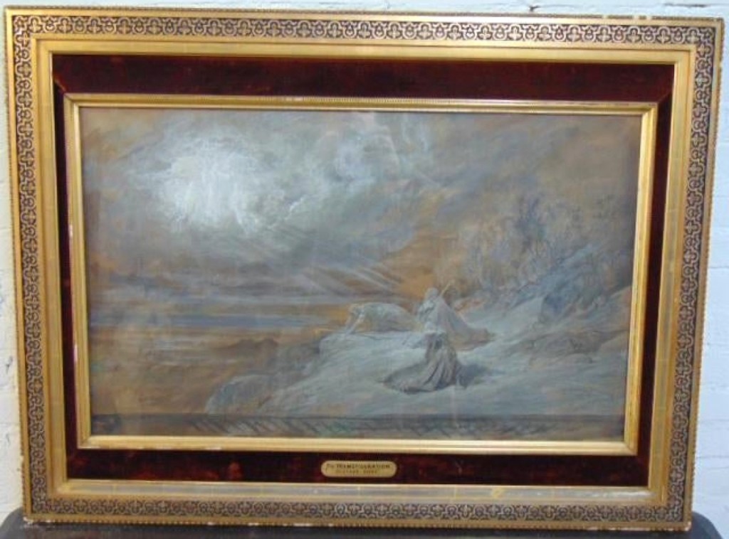 Leading the sale was this picture in pencil, pen and white gouache on paper by Gustave Dore titled “The Transfiguration” that was signed lower left and dated 1861. The work had been offered in a previous sale but the buyer had defaulted on payment so the auction house was putting it back up for sale. It realized $8,750 and was purchased by a French trade buyer.