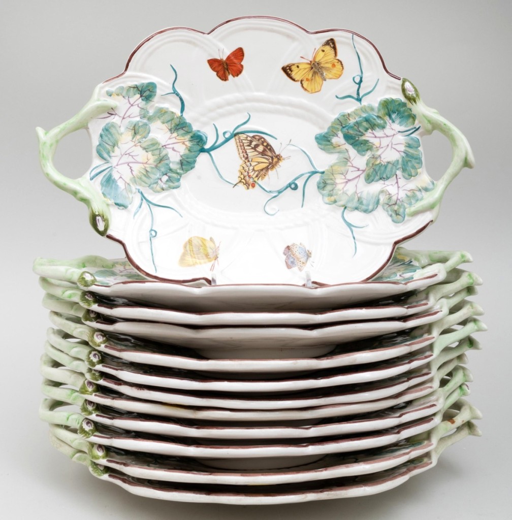 Three different private collectors chased this set of 12 Portuguese basket-form dishes to reach the highest total achieved in either sale, $20,910 ($300/500).