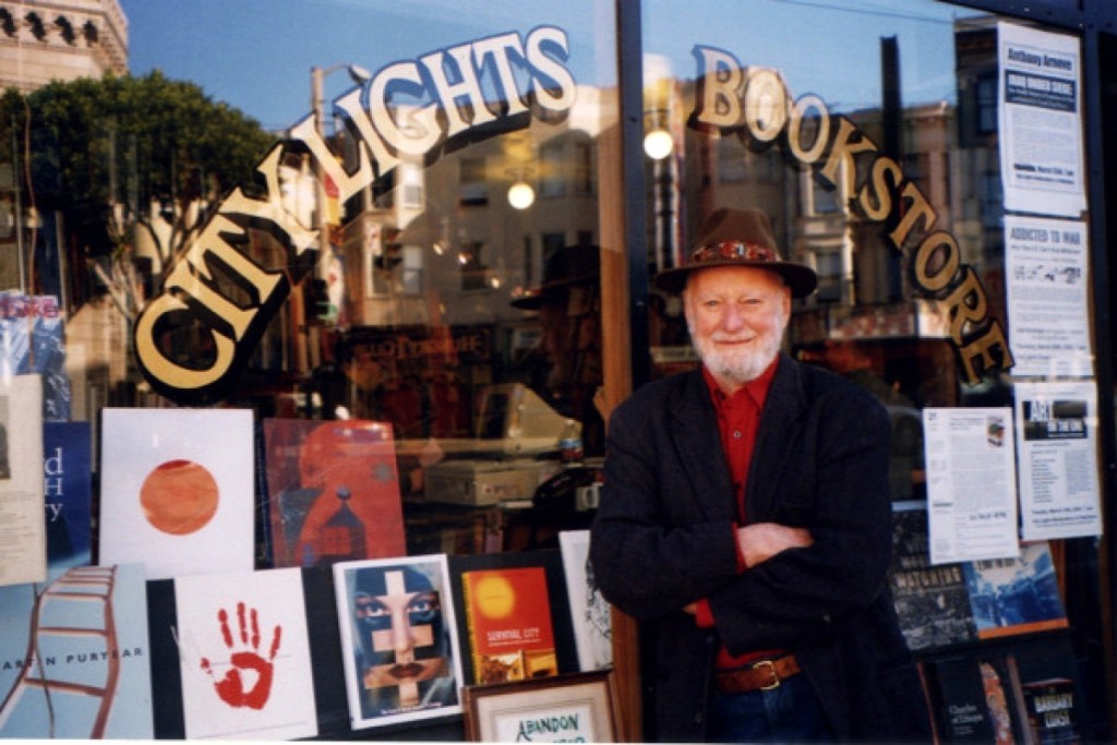 Lawrence Ferlinghetti in front of City Lights Bookstore. Donate to the GoFundMe campaign titled “Keep City Lights Books Alive,” at https://www.gofundme.com/f/aeany-keep-city-lights-books-alive.