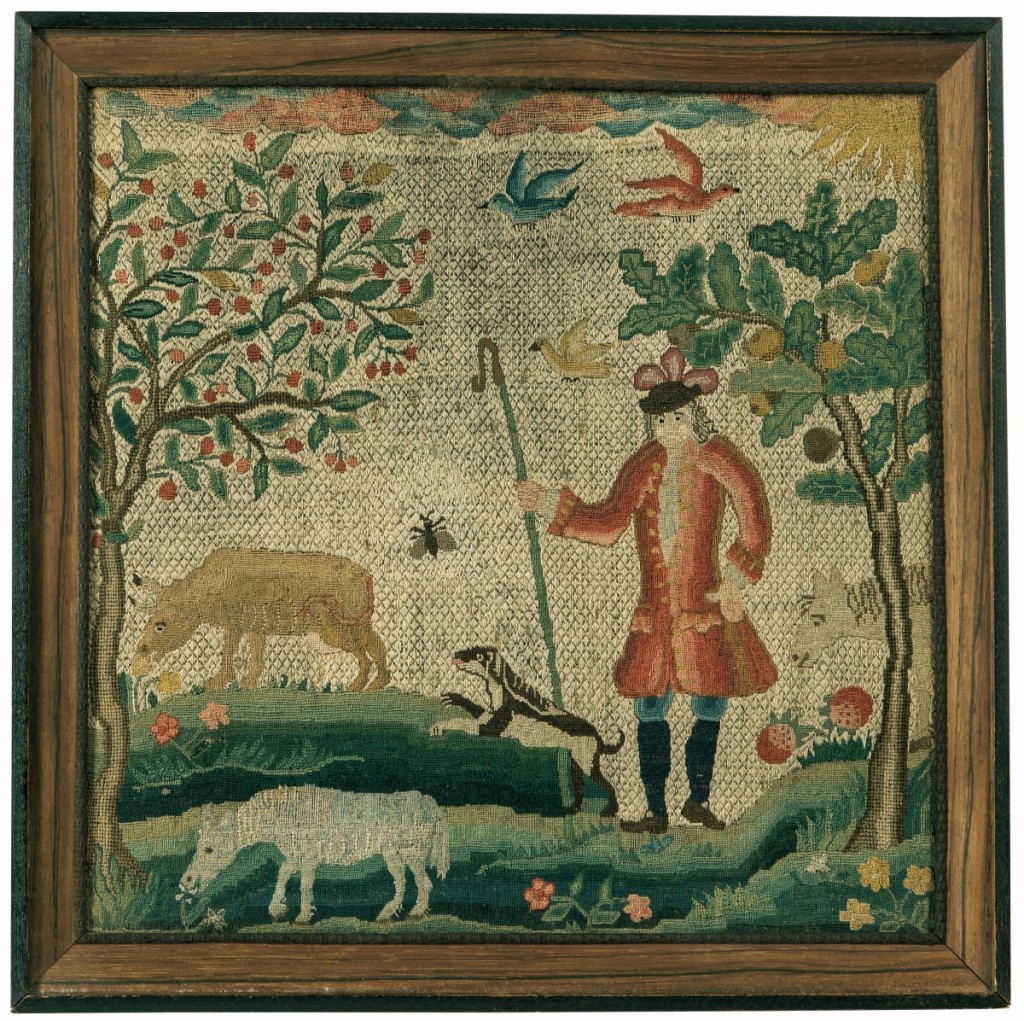One of a pair of Eighteenth Century New England needlework pictures of a shepherd and shepherdess that brought the top price in the sale, closing at $36,250 ($3/5,000).