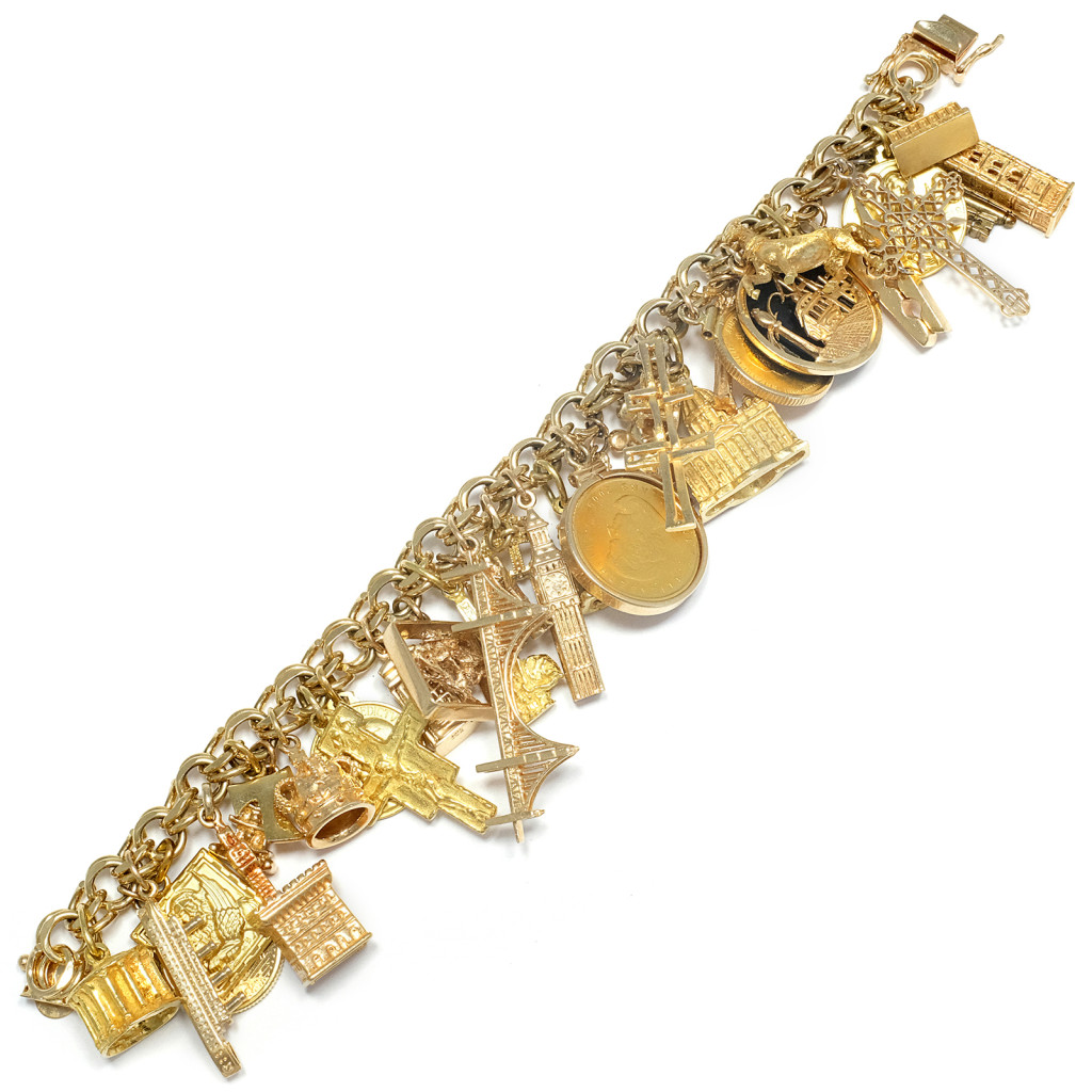 A buyer was drawn to the charm of this 14K gold bracelet with 34 elements, including religious, ancient and historical examples. It sold for $5,000.