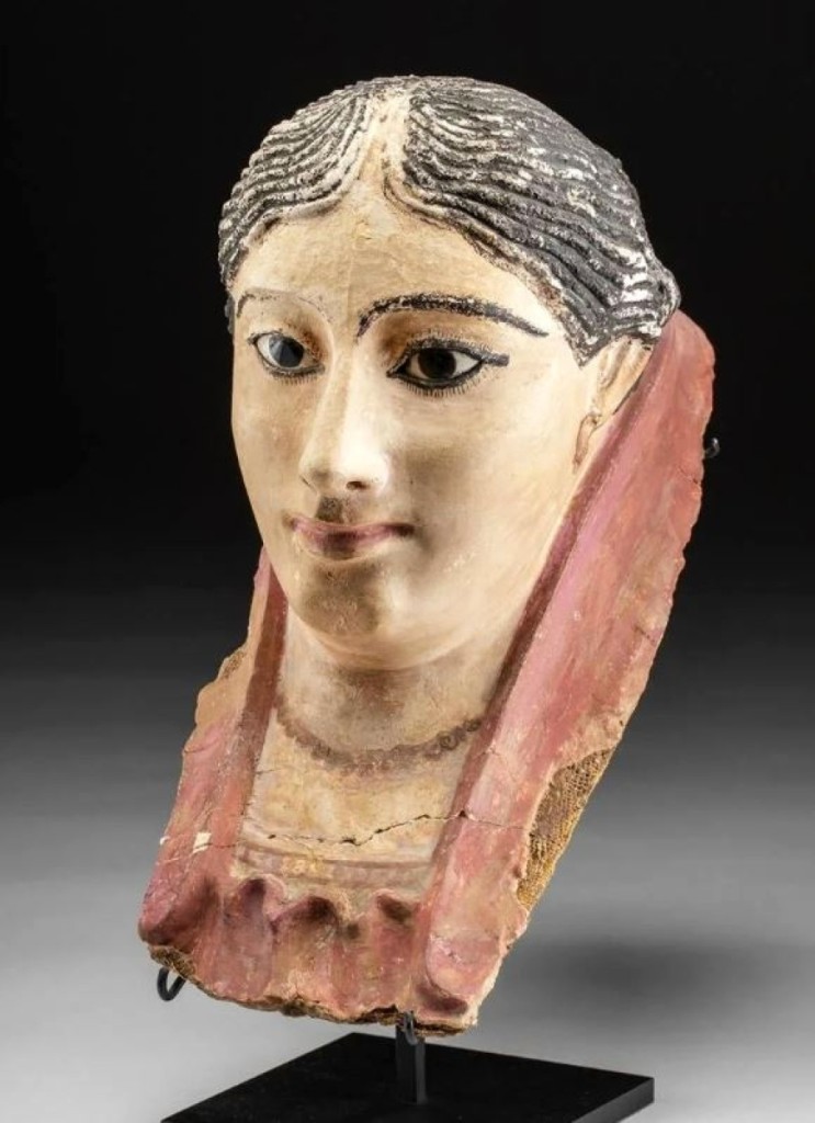 Bob Dodge called this plaster mummy mask one of the finest examples he has ever handled. Depicting a female visage, it is Ptolemaic to Romano Egyptian, circa Third Century BCE to First Century CE, and sold for $22,410.