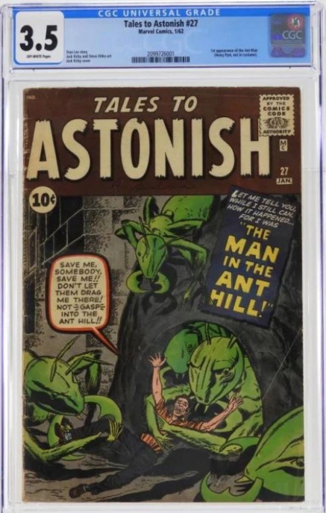 Tales to Astonish #27, CGC grade 3.5, took $3,875. The January 1962 comic was the first appearance of scientist Hank Pym, who would become Ant-Man after developing a size reduction serum.