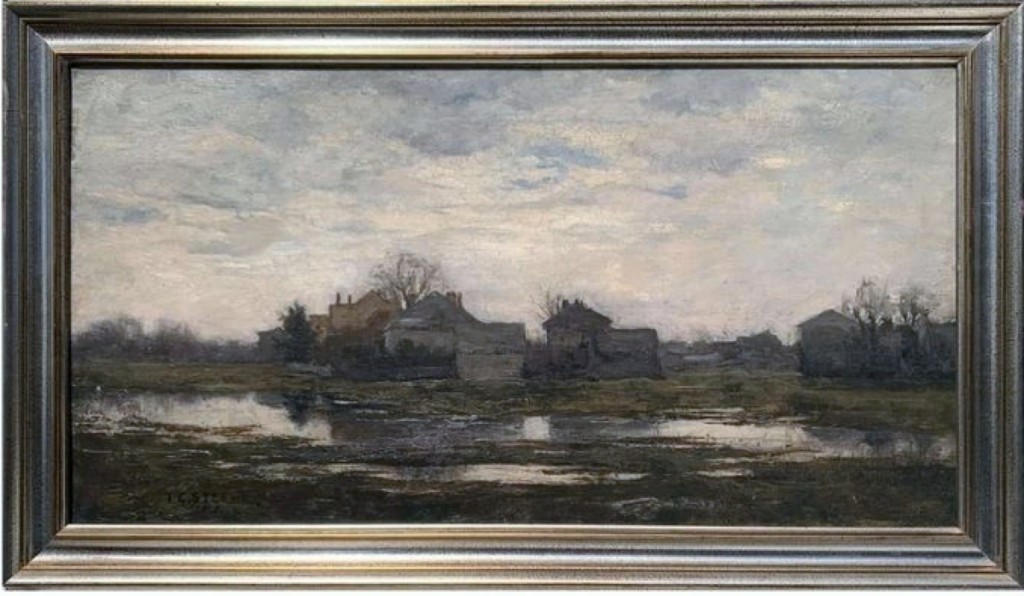 Theodore Clement Steele (American, 1847-1926) painted this village landscape oil on canvas, 14 by 28 inches, that took $6,900. The back had a provenance written that stemmed from the artist to the 1950s.