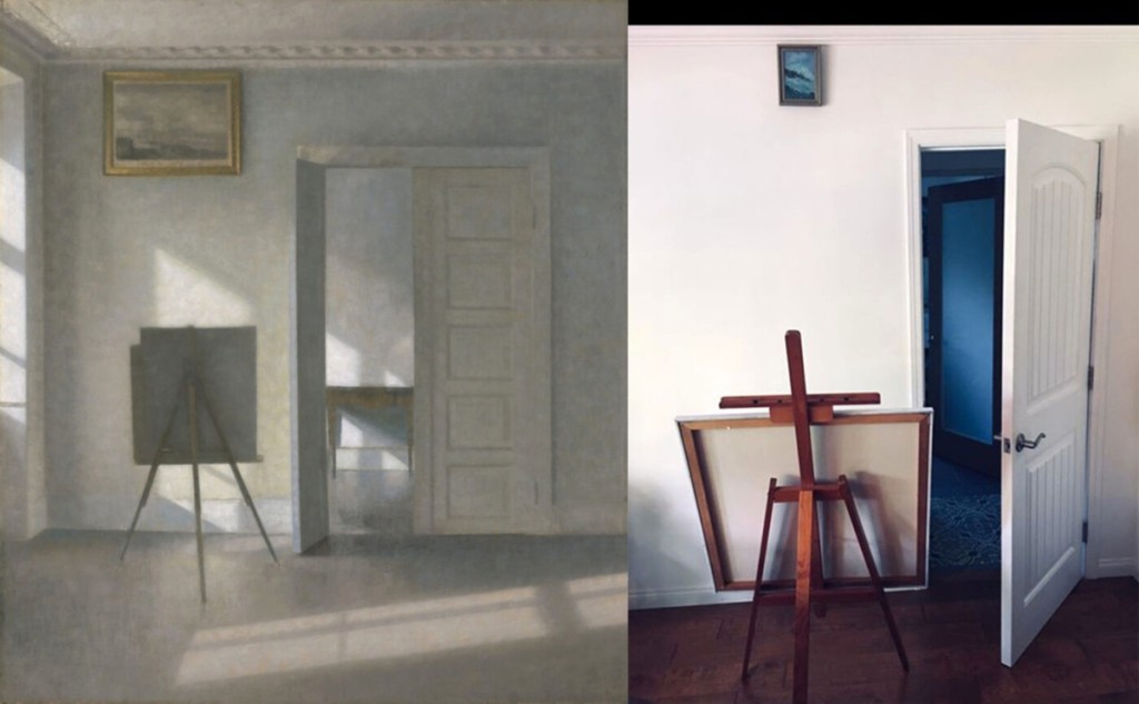 “Interior with an Easel, Bredgade 25,” 1912, Vilhelm Hammershøi. Oil on canvas, 31 by 27¾ inches. The J. Paul Getty Museum. Recreation via Facebook DM by Tracy McKaskle with picture, pins, easel and unpainted canvas.