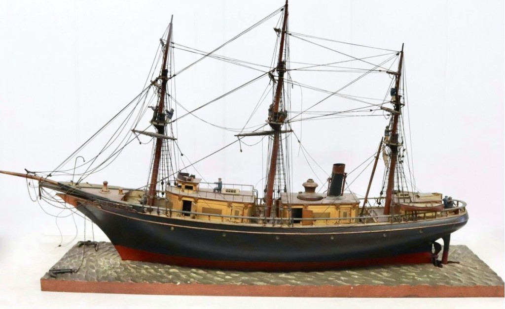 This handmade folk art steamship model Friendship was presented to the Friendship Fire Company #1 of Harrisburg, Penn., by the Friendship Fire Company #1 of Wilmington, Del., on March 16 1882. It sold for $5,412.