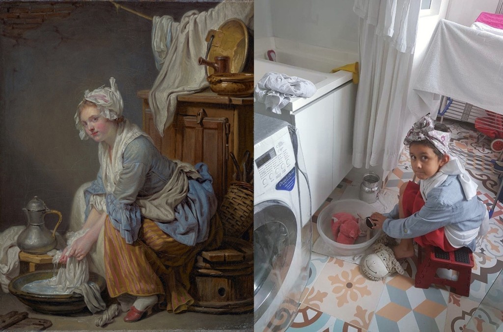 “The Laundress (La Blanchisseuse),” 1761, Jean-Baptiste Greuze. Oil on canvas, 16 by 13 inches. The J. Paul Getty Museum. Recreation on Instagram by Elizabeth Ariza and family in modern-day laundry room.