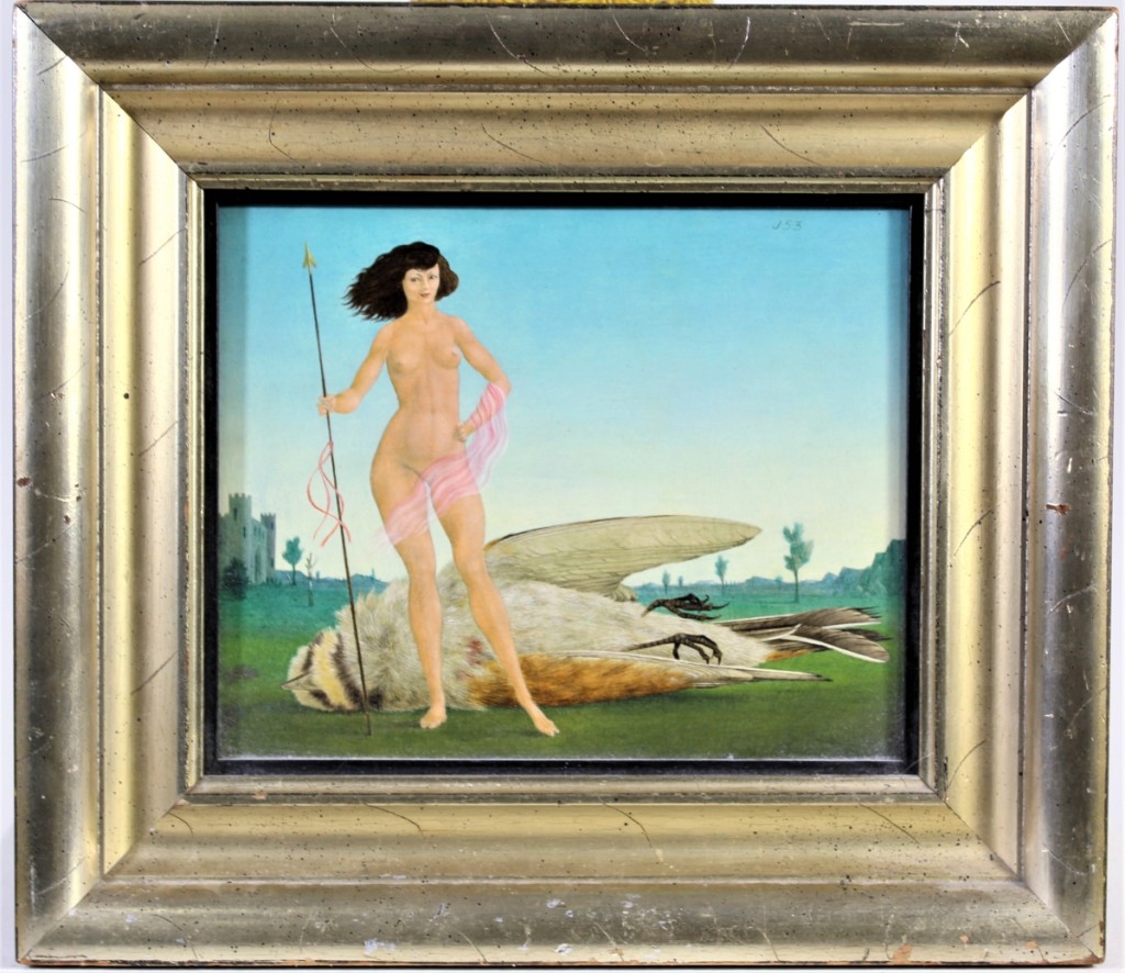 “Poor Lark,” indeed after being impaled by the lovely nude, oil on board by John Wilde reached $10,030.