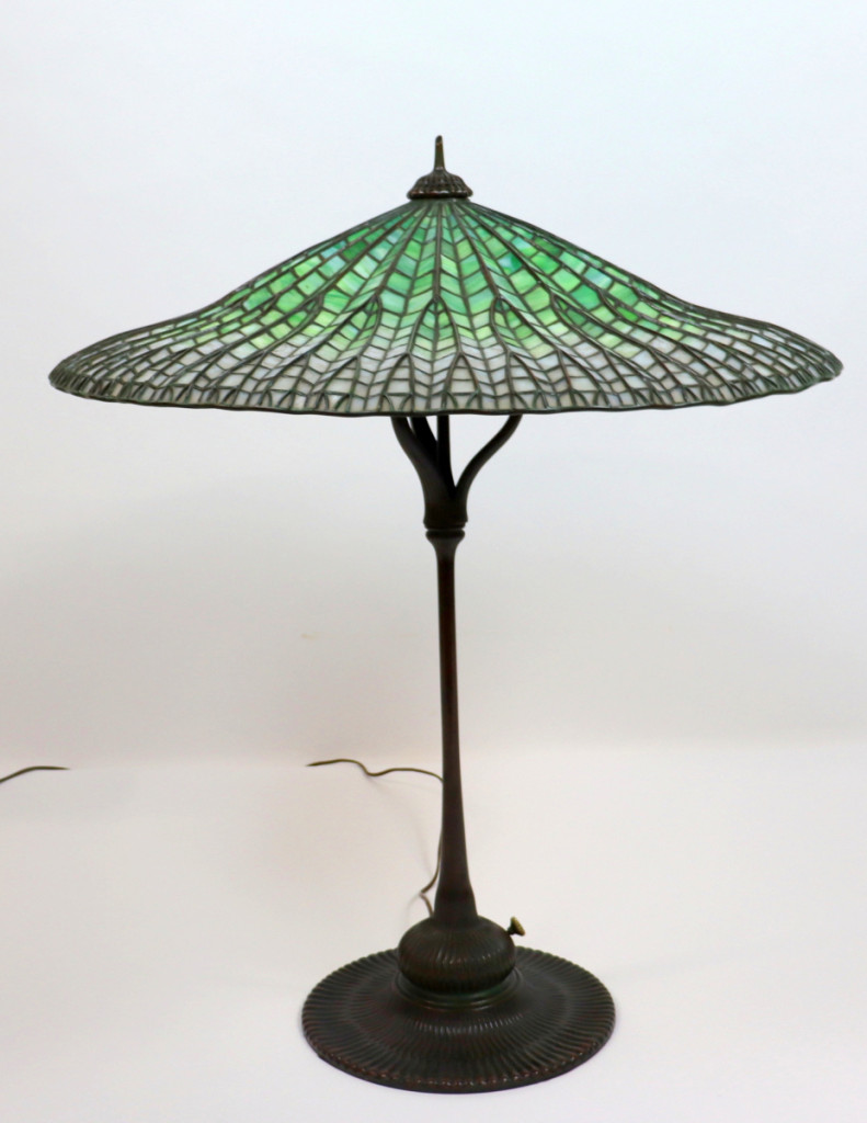 Leading the auction was this Tiffany Studios Lotus table lamp at $150,000, signed, 14 inches tall.