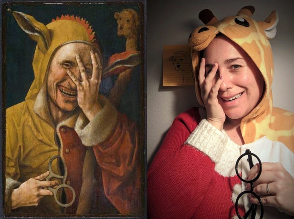 “Laughing Fool,” circa 1500, attributed to Jacob Cornelisz van Oostsanen. Oil on panel, 13 -/8 by 9-  inches. Image: Davis Museum at Wellesley College. Recreation via Facebook DM by Tiffanie Pierini Ho with giraffe onesie, Christmas sweater, and post-it.