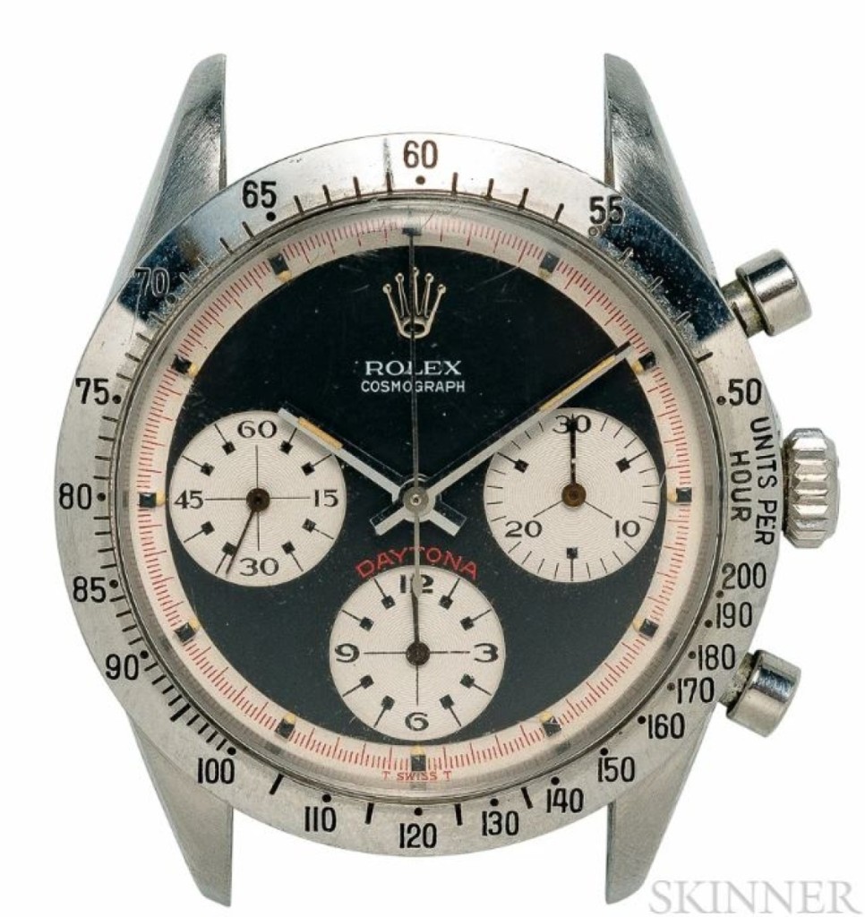 The sale’s top lot at $200,000 was a single-owner Rolex Daytona reference 6239 “Exotic” dial wristwatch. The owner had purchased it for $235 in the early 1970s. Sale director Jonathan Dowling said the piece was in immaculate condition, never serviced or opened since its manufacture, and he would likely never see another in this condition for the rest of his career.