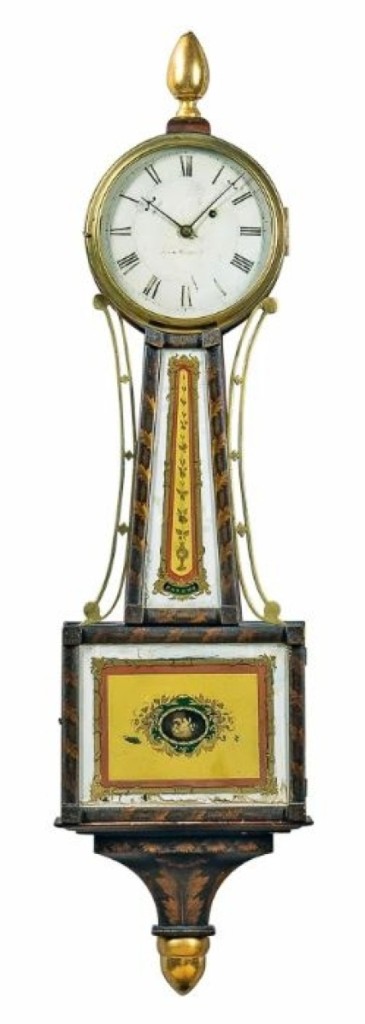 According to the consignor, a previous owner of this Simon Willard banjo clock, Charles Livingstone, was invited on a fishing trip where over dinner his friend told him he had discovered it for sale in Bangor, Maine. Livingstone then left the table, drove to Bangor, found the clock, bought it, and was never invited fishing again. It sold for $33,750.