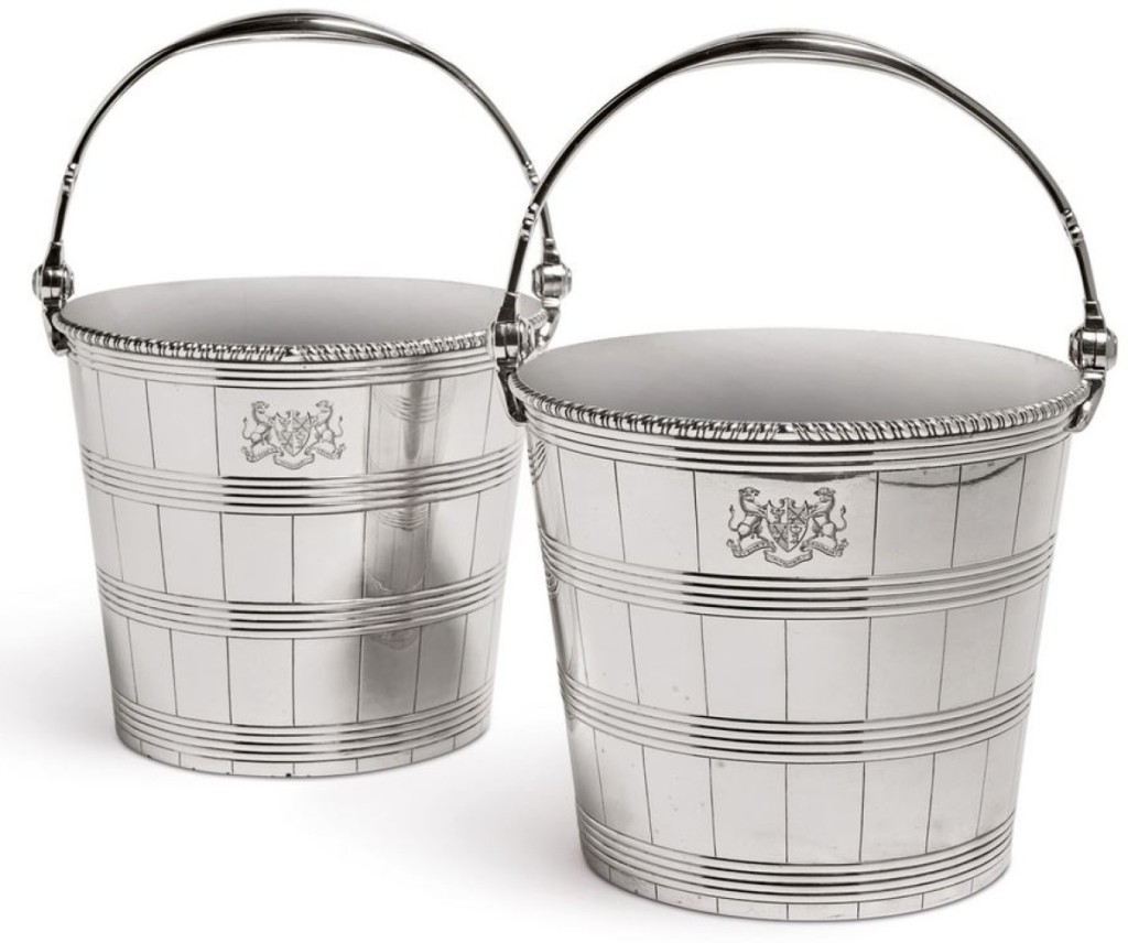 These George III silver pail-form buckets each bore the arms of Craufurd of the Kerse, Dalrymaple, East Ayrshire, Scotland. By Benjamin Laver, they were 11-  inches high and sold at $87,500, leading all silver offerings in the sale.