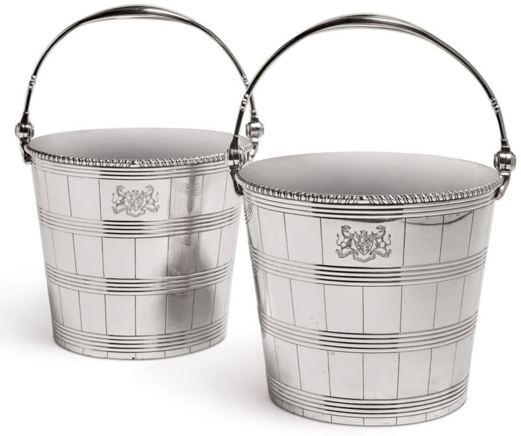 These George III silver pail-form buckets each bore the arms of Craufurd of the Kerse, Dalrymaple, East Ayrshire, Scotland. By Benjamin Laver, they were 11- inches high and sold at $87,500, leading all silver offerings in the sale.